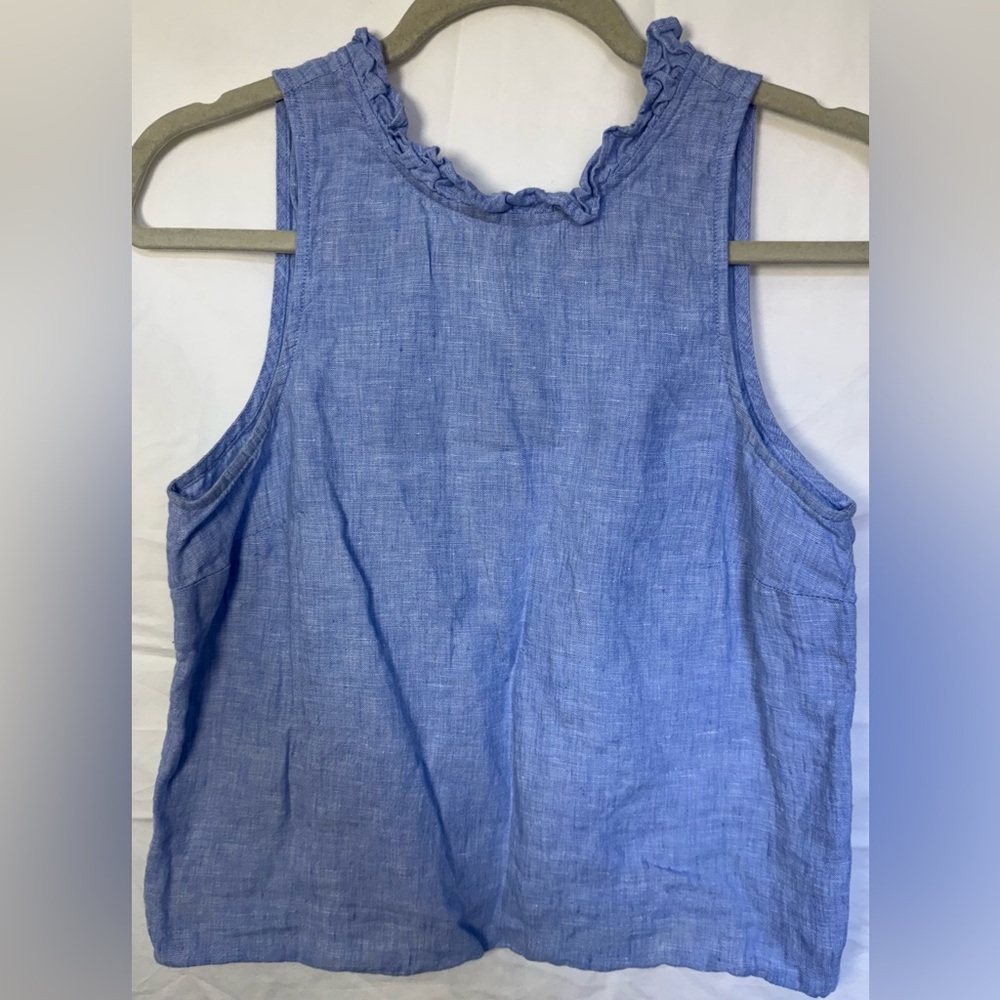 J.Crew Blue 100% Linen Ruffle Neck Sleeveless Blouse Size XXS